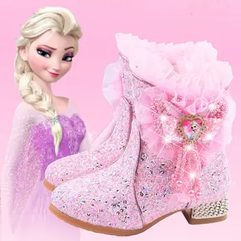Ботильоны принцеси за момичета Disney, плюс кадифе, памук, обувки, детски модни обувки принцеса Елза, розови блестящи обувки за момичета
