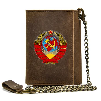 Висококачествен мъжки портфейл от естествена кожа, противоугонный болт с желязна верига, ретро държач за карти с печат на Съветския Съюз, кратък портфейл
