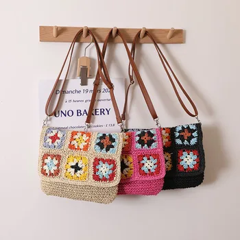 Вязаная чанта на една кука, ръчно изработени, хартиена чанта с цветя модел, вязаная на една кука, етнически стил, вязаная реколта плажна чанта през рамо впечатлява със своя бохемски стил