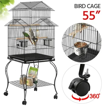Голяма метална прокатная клетка за птици волиера за папагали, канарче, място за спане на домашни животни със стойка, черен