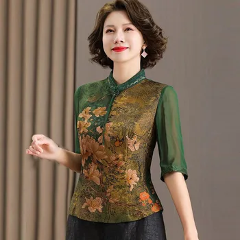 Дамски блузи големи размери Рокли, летни 2023, нова мода, щампи от копринени тъкани, сплайсинг, яка-часова, традиционни ризи в китайски стил