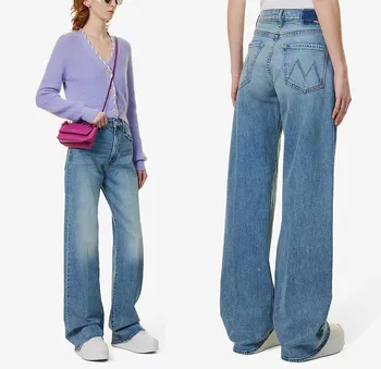 Дамски дълги дънкови панталони в стил ретро с висока талия, свободно намаляване, леко разкроена дънки, новост 2023 година