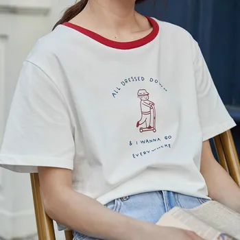 Дамски ежедневни летни тениски с кръгло деколте, новост 2021 година, корейската сладка тениска с къси ръкави и анимационни принтом, женски бели луксозни дамски блузи