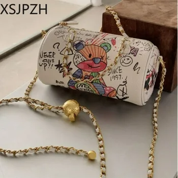Дамски луксозни дизайнерски чанти за жени 2023, дамски чанти на веригата с графити мечка, чанта през рамо за мобилен телефон, лесна малка квадратна чанта