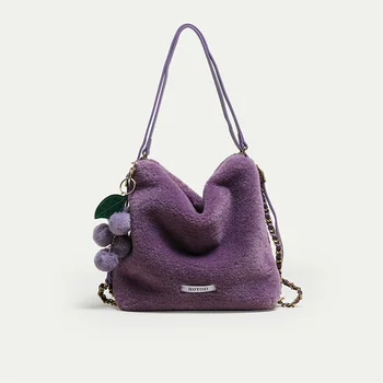 Дамски плюшен чанта 2023, есенно-зимна луксозна чанта на рамото от изкуствена кожа, малки кожени топка, украсена с една плюшена чанта в едно мирно стил