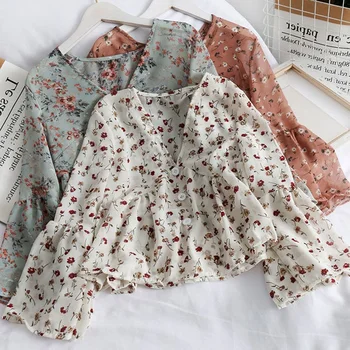 Дамски шифоновые блузи с V-образно деколте и цветисти принтом, сладко малко шифоновая риза с дълги ръкави, реколта диви върхове
