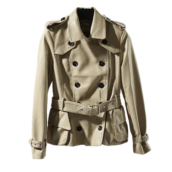 Двубортная кожено яке в английски стил, дамски градинска яке с големи джобове, кожени якета с колан wq2448
