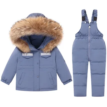 Детски костюм, изолирана палто с качулка + гащеризон, 2 броя, зимни дрехи на утином топола за малки момичета, зимна костюм за момчета, комплект детски дрехи, връхни дрехи