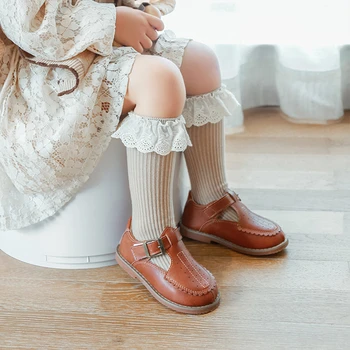 Детски чорапи, есенно-зимни чорапи за момичета, чорапи-една тръба с дължина до коляното без шипове, дантелен бебешки памучни чорапи