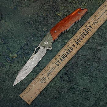 Джобен нож TURENZ от дамасской стомана с клипс 14C28N, сгъваем нож с острие, дръжка G10, туристически ножове, флипперные ножове, EDC инструменти