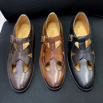 Дишаща ежедневни обувки са ръчно изработени от естествена волска кожа за мъжете, дизайнерски летни сандали с изрезки, модерен мъжки сандали с каишка и катарама