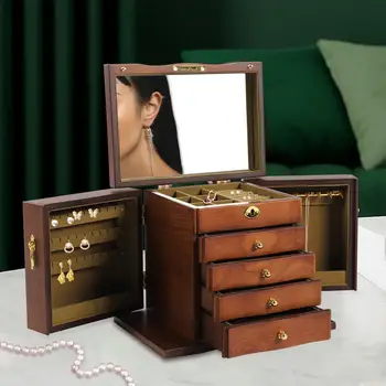 Дървена 5-слойная голяма ковчег с 4 чекмеджета за бижута за Wowen с огледало-организатора