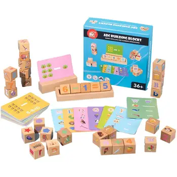 Дървени кубчета ABC, обучение за набиране на азбуката, играчки Монтесори, 2 в 1, пъзел игра за изучаване на математика и запаметяване на правописни думи