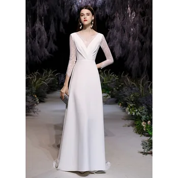 Елегантни булчински рокли с V-образно деколте и с отворен гръб, френски бели сатенени вечерни рокли, Vestidos De Новия