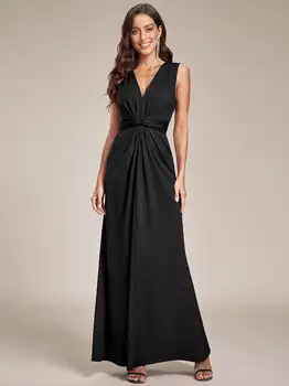 Елегантни вечерни рокли с V-образно деколте, без ръкави, с извити, плисе с дължина до пода, Ever Pretty 2023 от шифон, черни рокли за шаферките
