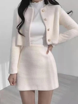 Есен 2023, нов корейски модерен костюм с мини пола, елегантен сладък комплект палто с дълги ръкави, корейски комплект от две части за жените, юбочные костюми