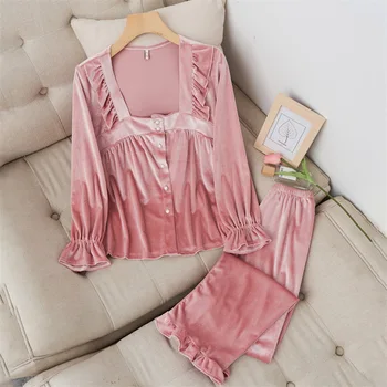 Есенна розова пижама от 2 теми, женски velvet пижамный комплект, риза с дълъг ръкав и панталони, велюровый комплект за сън, панталони с еластичен ластик на талията костюм
