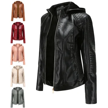 Есенно-зимни дамски кожени плюшен яке с качулка яке от изкуствена кожа, байкерские мотоциклетни якета, топли тренч, връхни дрехи