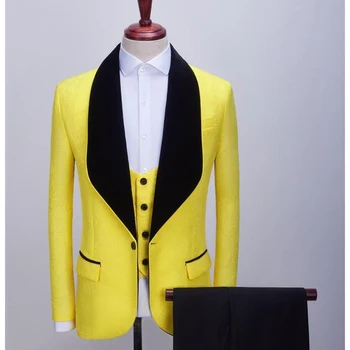 Жакард костюми за мъже, модерен жълт мъжки блейзър висок клас, смокинг за абитуриентски бал, сватба смокинг за младоженеца, оборудвана случайни банкетна комплект от 3 теми