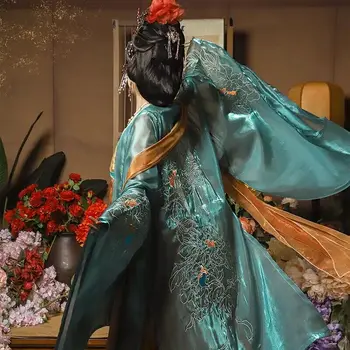 Жена китайското рокля Ханфу, древната традиционна бродерия, костюм на фея Ханфу на Хелоуин, златисто синя рокля Ханфу + палто