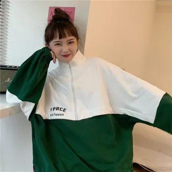 Жена пуловер с висока яка, пролет-есен, нова корейска версия, свободна студентски тънка hoody с бродерия с цип, топ