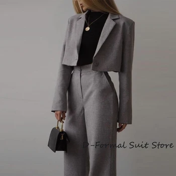 Женски костюм, къса приталенная яке, панталон с висока талия и прави штанинами, всекидневни модерен универсален женски комплект от две части