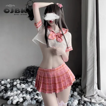 Женски секси училище костюм OJBK за младите дами, костюми за cosplay, прозрачен топ с плисирана мини пола, комплект от японски аниме Kawaii