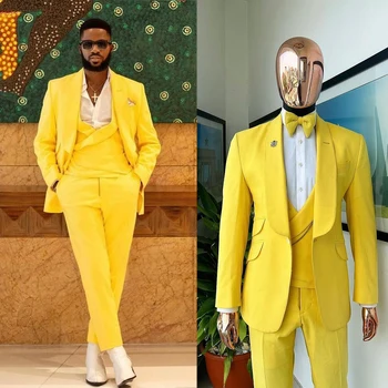 Жълт мъжки костюм, комплект от 3 теми, сако, жилетка, панталони с широк ревера на една пуговице, бизнес работно облекло, тънък официално сватбен костюм на младоженеца Homme