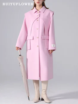 Зимно дамско однобортное палто от две части с яка-лацканом, женски удължена козина от чиста вълна, алпака, однотонная свободна дамски дрехи