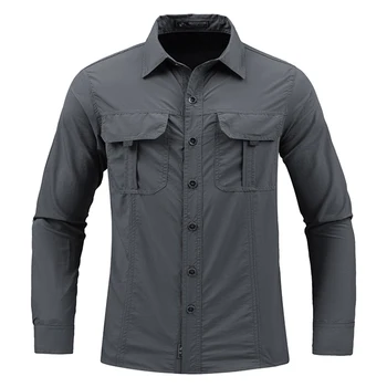Качествени летни ризи карго размер плюс, мъжки улични ризи ArmyGreen с множество джобове, водоустойчив военни ризи с дълги ръкави за къмпинг и риболов