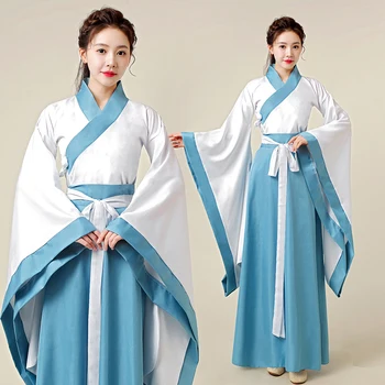 Китайски женски древния костюм на Ханфу, елегантно сако и рокля в китайски стил с широк ръкав, сценичното танцово представяне