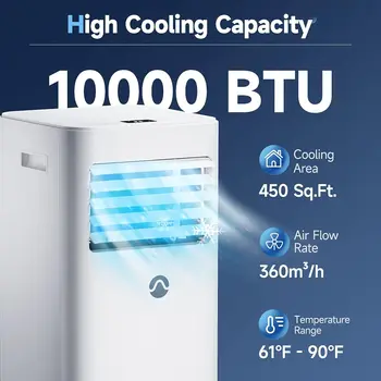 Климатици, Преносим климатик 10000 BTU за помещения с площ до 450 кв. Фута, 3-в-1, Изсушаване на въздуха и на вентилатора с цифров дисплей,
