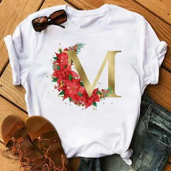 Комбинация от букви с потребителски име, женски висококачествена тениска с флорални златен писмото шрифт A B C D E F G, дрехи с къс ръкав