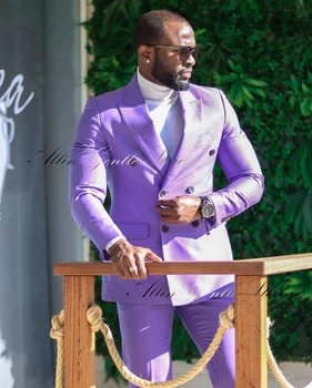 Комплект от 2 двубортных приталенных мъжки костюми лилав цвят, бизнес тоалети, ушити по поръчка, елегантен костюм Homme