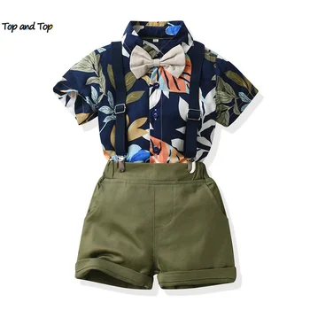 комплекти ежедневни облекла в хавайски стил за деца и момчета, ризи с принтом пеперуда с къс ръкав + шорти на подтяжках, костюми за мъж