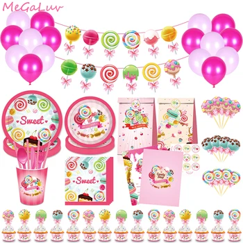 Комплекти за тематични партита Sweet Lollipop чинии за Еднократна употреба за бонбони Чаши, салфетки Украса за парти по случай рождения ден момичета Детски душ