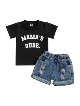 Комплекти летни дрехи за момчета от 0 до 4 години, тениска с къс ръкав и писмото принтом, блузи, скъсани дънкови къси гащи, дрехи за деца