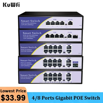 Комутатор KuWFi POE 48 4/8 Портове Gigabit Мрежов Комутатор за Ethernet VLAN 10/100/1000 Mbps за IP Камери за ВИДЕОНАБЛЮДЕНИЕ Безжични AP Watchdog
