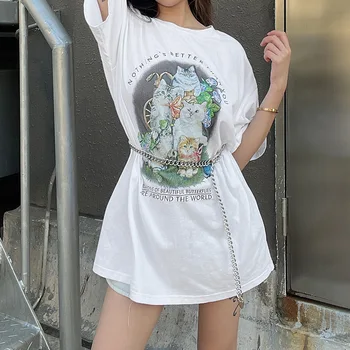 Корейски Кавайный Годишният Топ, модни свободна тениска с графичен дизайн, 2023, Новата версия на Harajuku, Ежедневни Бяла тениска с домашен любимец принтом, Оверсайз