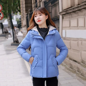 Корейски къси палта с дълъг ръкав, стилен зимни износване, топли ежедневни дамски яке, тънки паркове с качулка и памучна подплата, изолирана