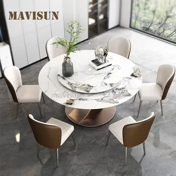 Кръгли маси с въртящ се превръща маса с 6 стола, луксозна бяла маса за хранене, изработени от мрамор, модерен комплект кухненски мебели