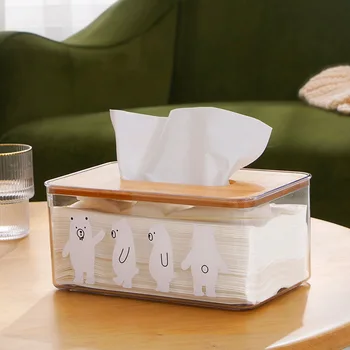 Кутия за салфетки с прозрачна фигура на мечка, лесен домакински маса за хол, спалня, кутия за съхранение на хартия, многофункционален калъф за съхранение