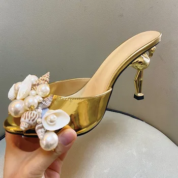 Летни нови чехли на висок ток, със златен фламинго, украсена с перли във формата на миди, сандали с отворени пръсти, индивидуалност