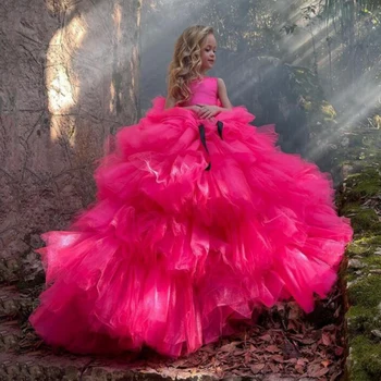 Луксозно персиково-розова рокля с цветя модел за момиче без ръкав, с кръгло деколте и къдри от тюл Пищни рокля за бала Дълги рокли за парти по случай рождения ден