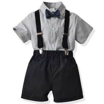 Лятна Детска Бутиков облекло, облекло в корейски стил, Модни клетчатая тениска + Шорти + Бретельки + вратовръзка, Комплекти дрехи за малки момчета BC2369-1