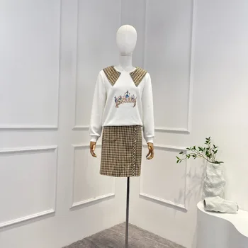 Лято 2023, най-новият висококачествен офис женски пуловер райе с кръгло деколте и принтом, дамски комплекти прагове