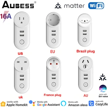 Материята WiFi умен изход от ЕС, САЩ, AU, Великобритания, Бразилия, socket 16A, дистанционно управление синхронизация, работи с Homekit Алекса Google Home