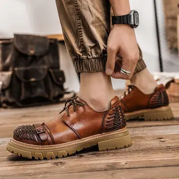 Модерен Мъжки Ежедневни обувки от естествена кожа, Ковбойская обувки в стил уестърн в стил пънк, Мъжки Лоферы дантела, Луксозни Банкетни Обувки На платформа