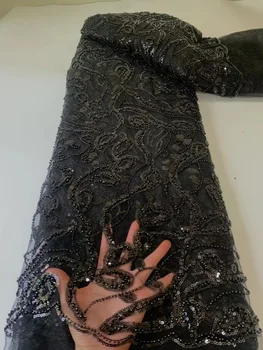 Модерен черен лейси плат с пайети в африканския стил 2022, 5 ярда, благородна тюлевая лейси кърпа за френския нигерийски младоженеца за шиене на рокли