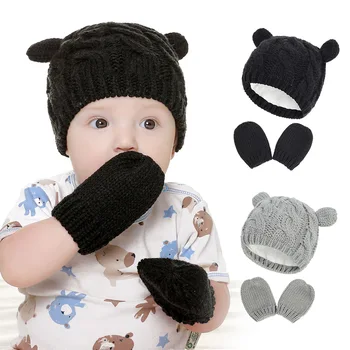 Модни вязаная памучен шапка с мечи уши за новородени и комплект зимни топли ръкавици, обикновена шапка за малки момичета, подаръци за рожден ден за деца